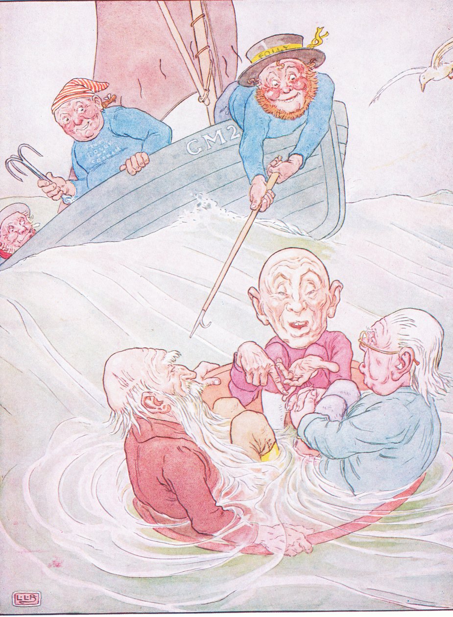 Kolme Gothamin viisasta meni merelle kulhossa tekijältä Leonard Leslie Brooke