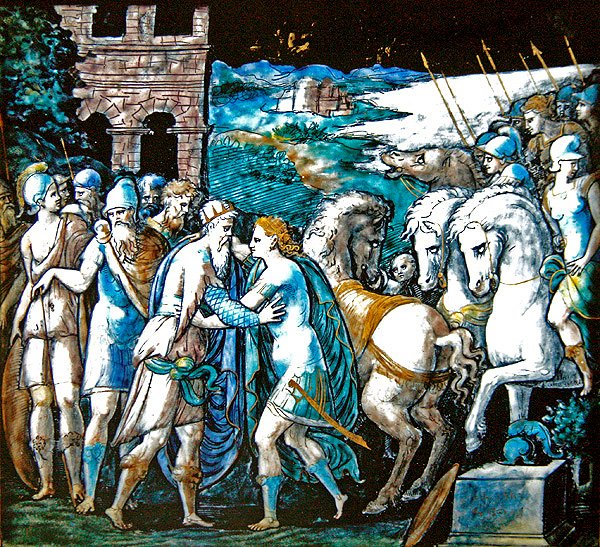Theseuksen ja Artemiksen, amatsonien kuningattaren, tapaaminen, 1563 (maalattu emali) tekijältä Leonard Limosin