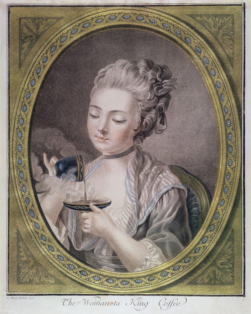 The Woman Takeing Coffee, n. 1774 (kynäkaiverrus, värjätty ja kullalla korotettu) tekijältä Leonardo Marini