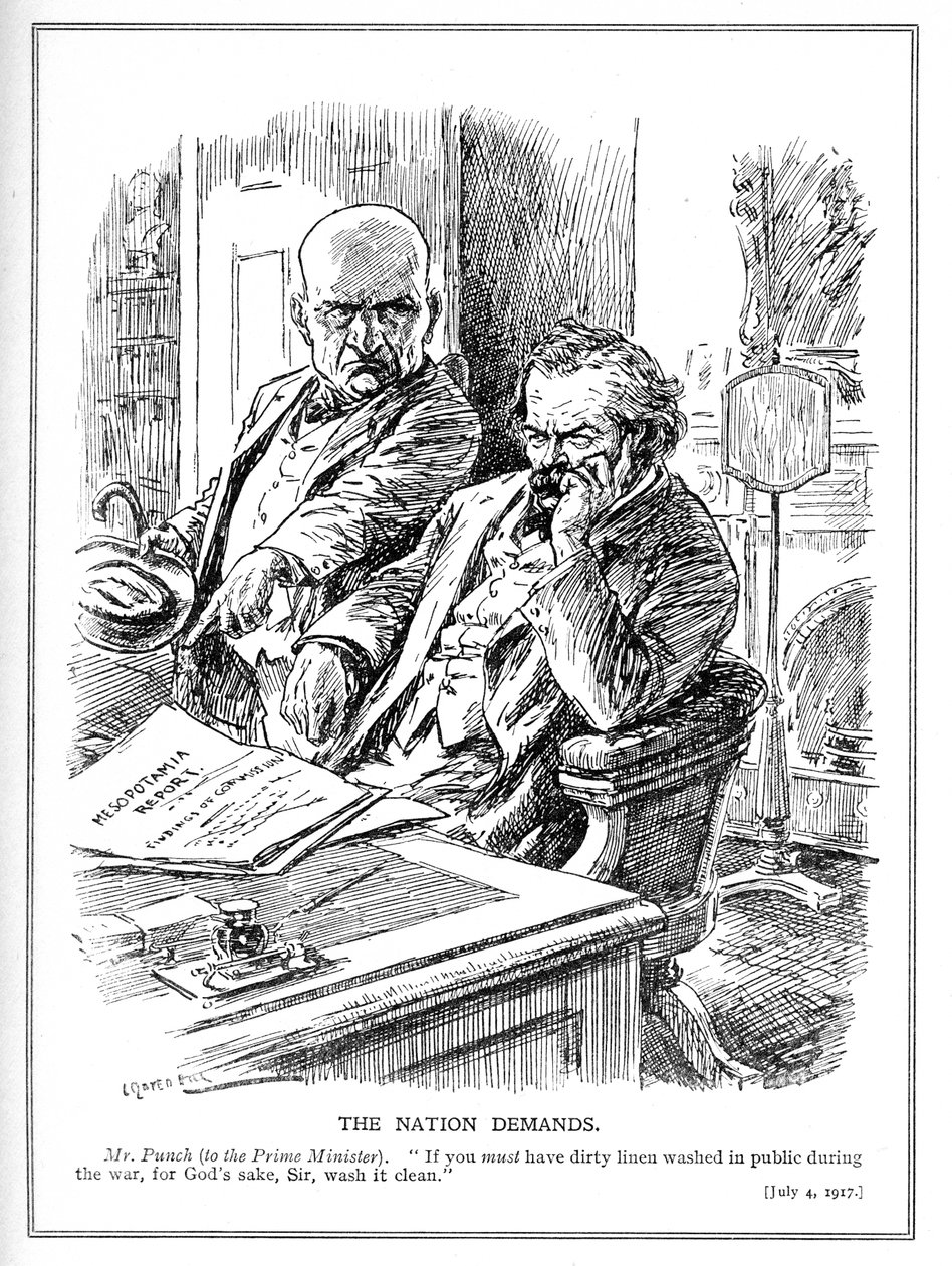 Mr Punch moittii LLoyd Georgea Britannian hyökkäystä Irakiin (Mesopotamiaan) vuonna 1914 koskevasta raportista, pilakuva Punch-lehdestä, heinäkuu 1917. tekijältä Leonard Raven Hill