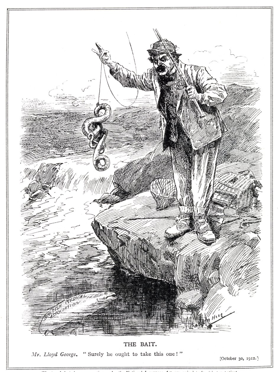 Lloyd George yrittää saada lääkärin ammatin puoleen hyväksyäkseen vuoden 1912 kansallisen vakuutuslainsa tekijältä Leonard Raven Hill