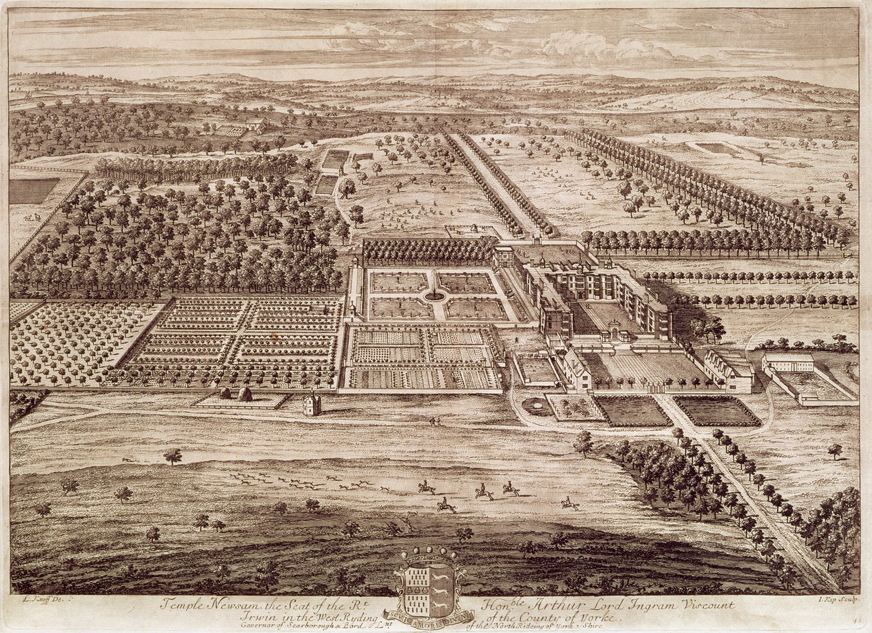 Temple Newsam Housen näkymä idästä, kaiverrus Jan Kip (n. 1652-1722) 1702 (kaiverrus) tekijältä Leonard (after) Knyff