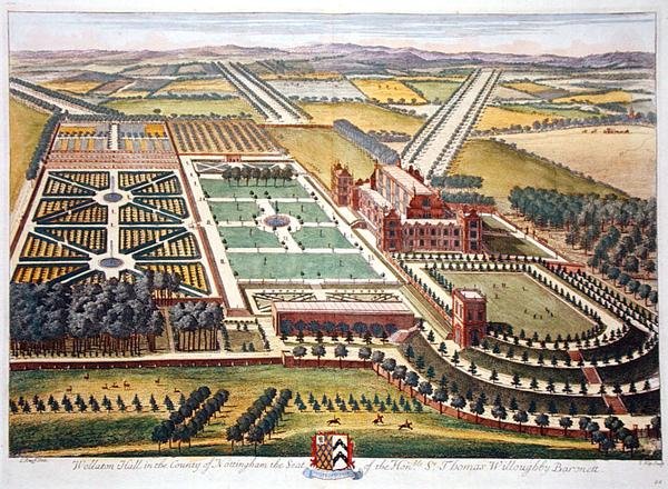 Wollaton Hall Nottinghamin kreivikunnassa Johannes Kipin (n. 1652-1722) kaiverrus (kaiverrus) tekijältä Leonard (after) Knyff