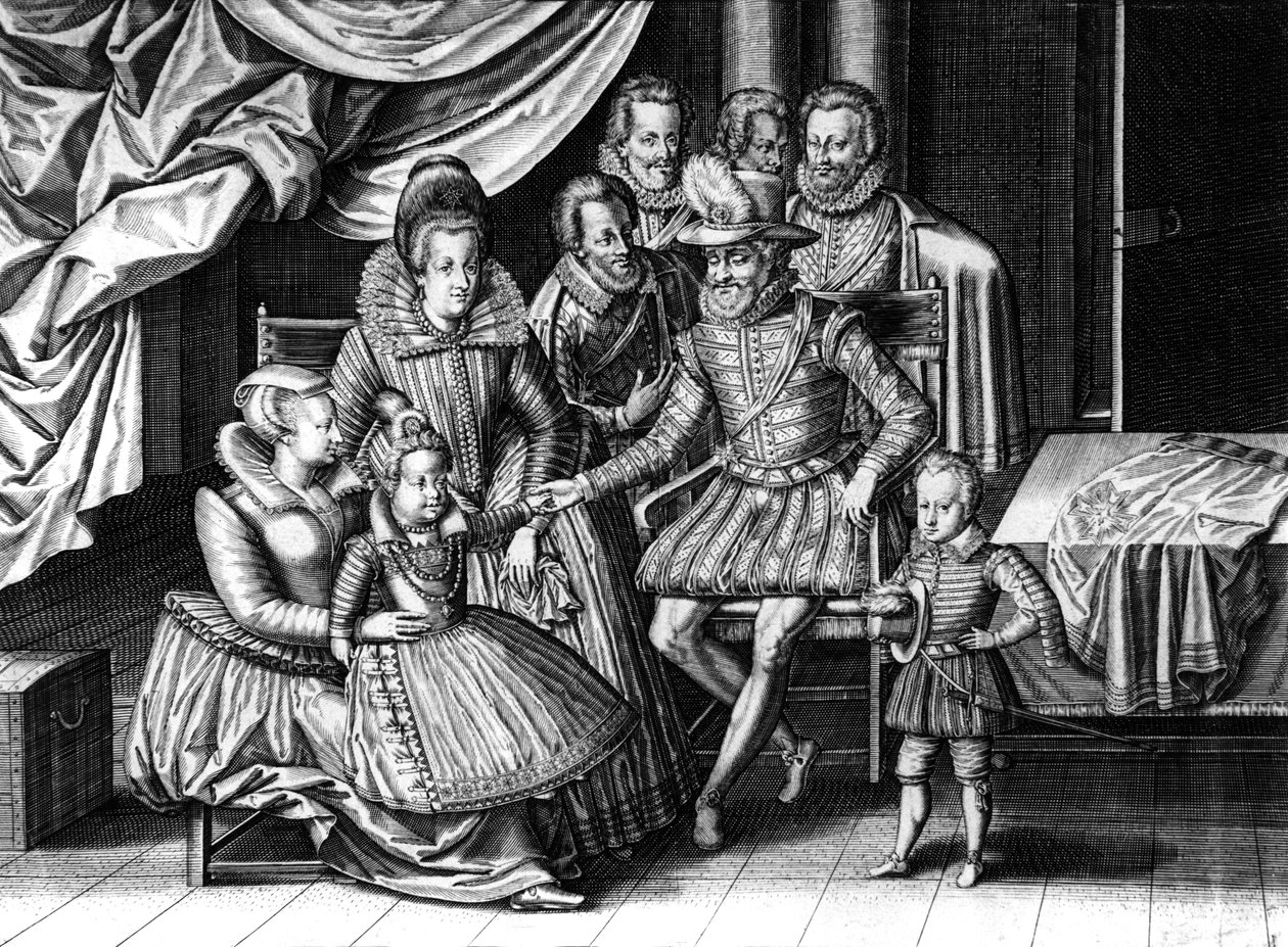 Ranskan kuningas Henri IV vaimonsa Marie de Medicisin ja kahden lapsensa kanssa: tuleva Louis XIII ja Elizabeth, kaiverrus Leonard Gaultier ja Le Clerc, n. 1605 tekijältä Leonard Gaultier