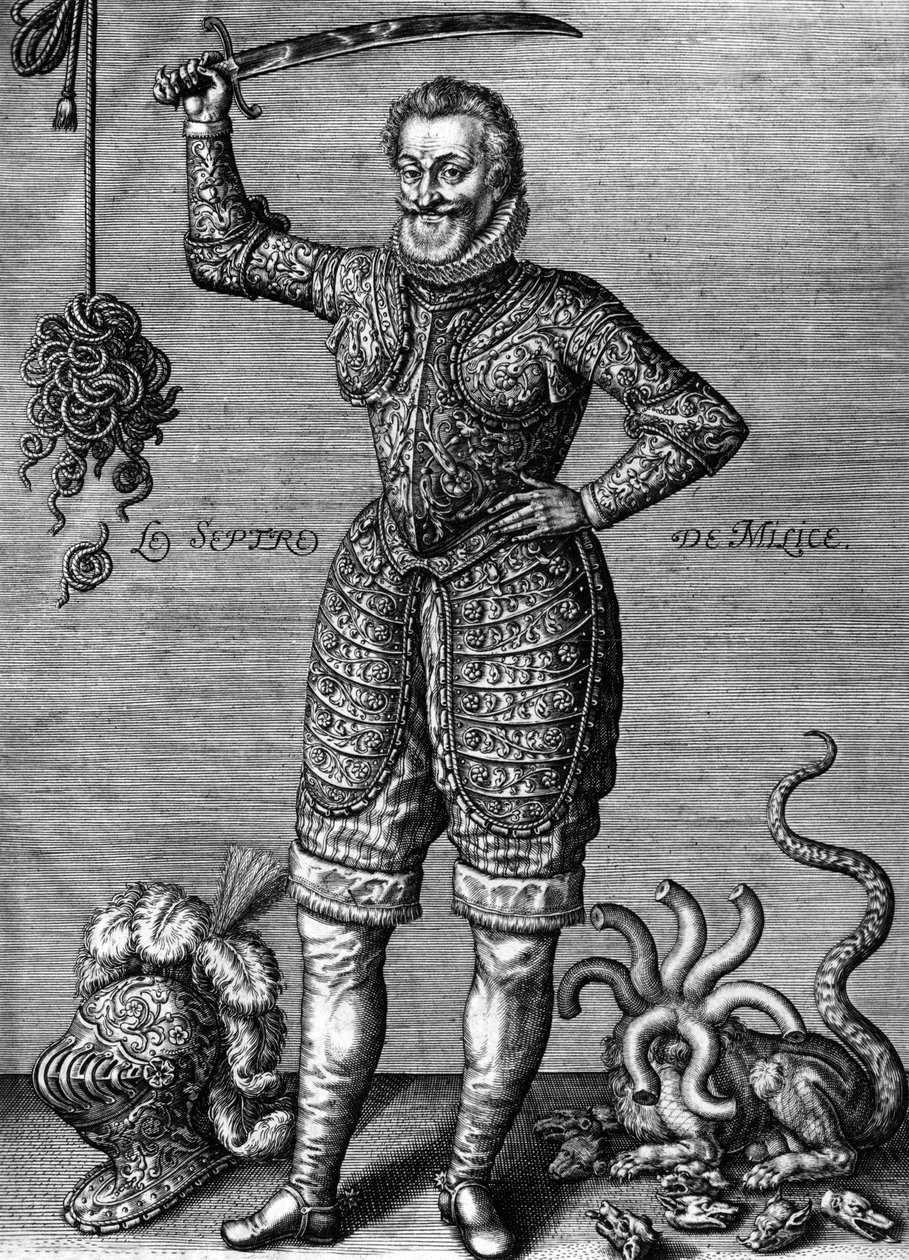 Henri IV (1553-1610) Ranskan kuningas vuosina 1589-1610, tässä haarniska yllään, miekka kädessään, vääryyden oikaisijana, kaiverrus Leonard Gaultier tekijältä Leonard Gaultier