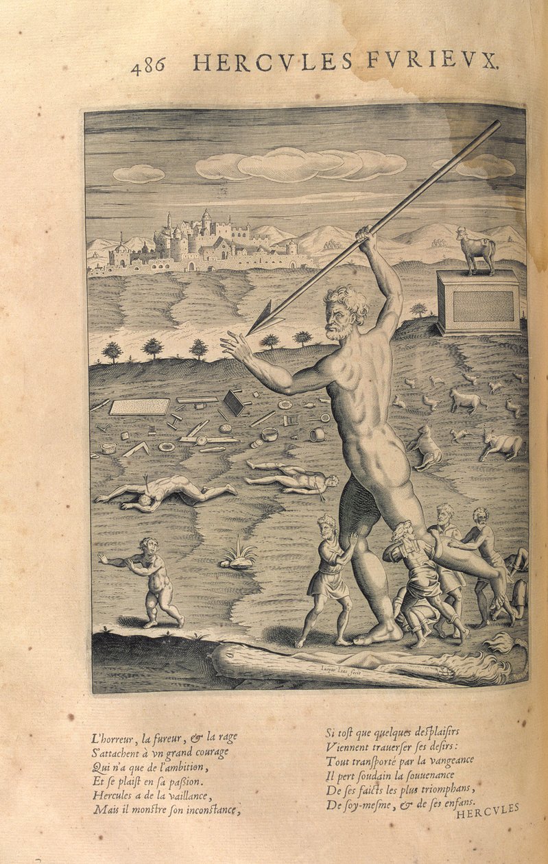 Hercules raivoissaan teoksesta Les Images ou Tableaux de Platte Peinture des Deux Philostrates Sophistes Grecs, Blaise de Vigenere (1523-96) Paris, 1615 tekijältä Leonard Gaultier