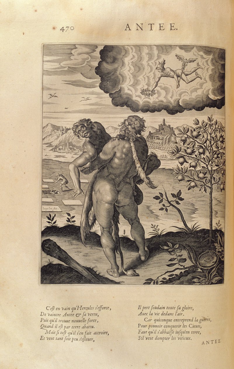 Hercules slaying Antaeus, kuvasta "Les Images ou Tableaux de Platte Peinture des Deux Philostrates Sophistes Grecs", Blaise de Vigenere (1523-96) Pariisi, 1615. tekijältä Leonard Gaultier