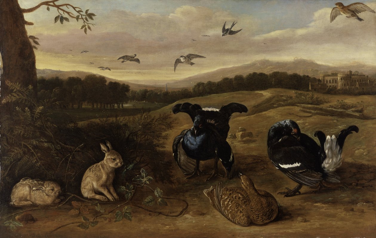 Musta riista, kaneja ja pääskysiä puistossa, n. 1700 (öljy kankaalle) tekijältä Leonard Knyff