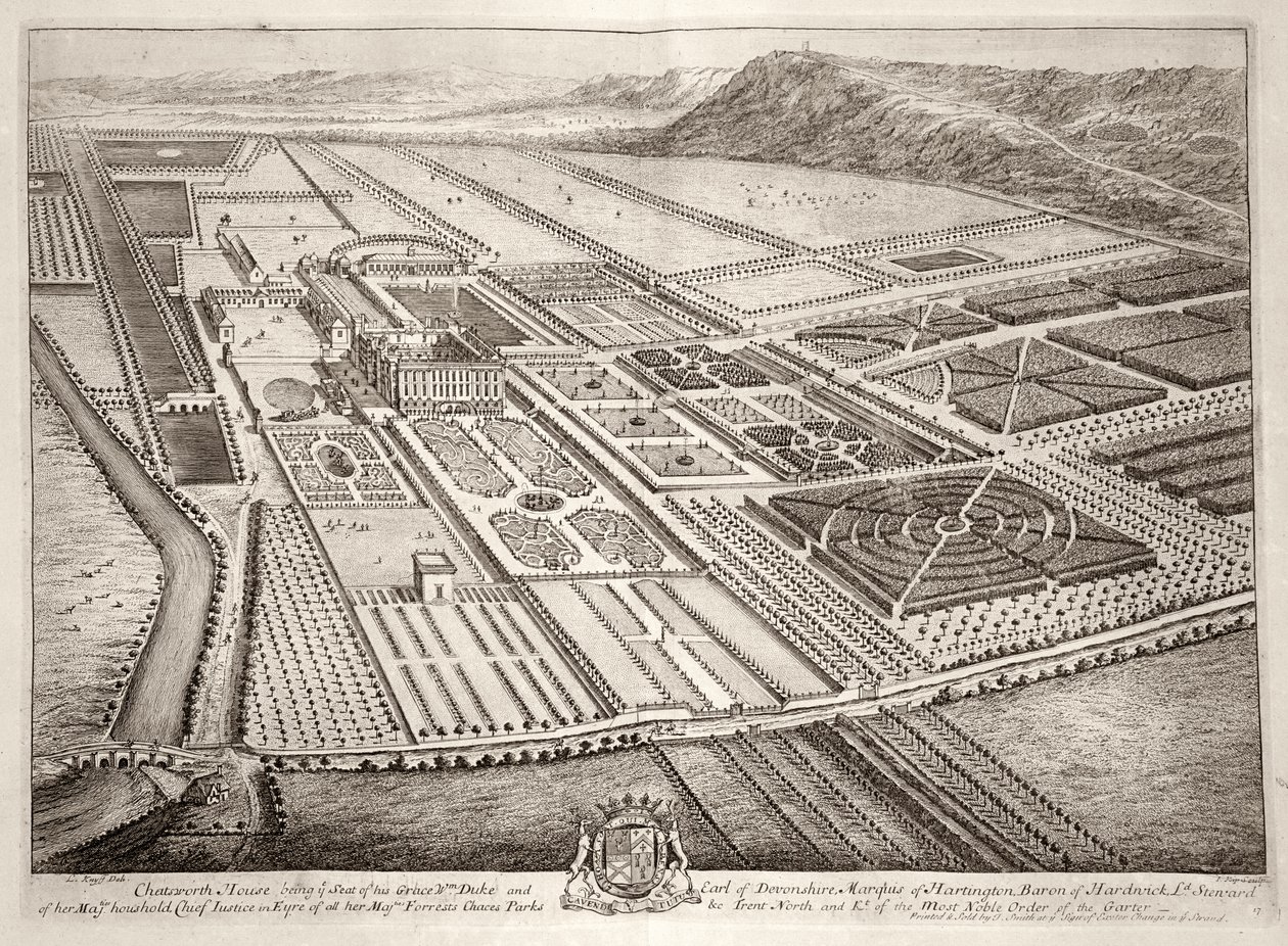Chatsworth House, William Cavendishin (1640-1707) 1. Devonshiren herttua kotipaikka, kaiverrus Johannes Kip (n. 1652-1722) tekijältä Leonard Knyff