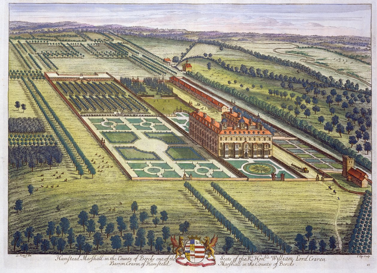 Hamstead Marshall Berkshiren kreivikunnassa Johannes Kipin (n.1652-1722) kaiverruksessa. tekijältä Leonard Knyff