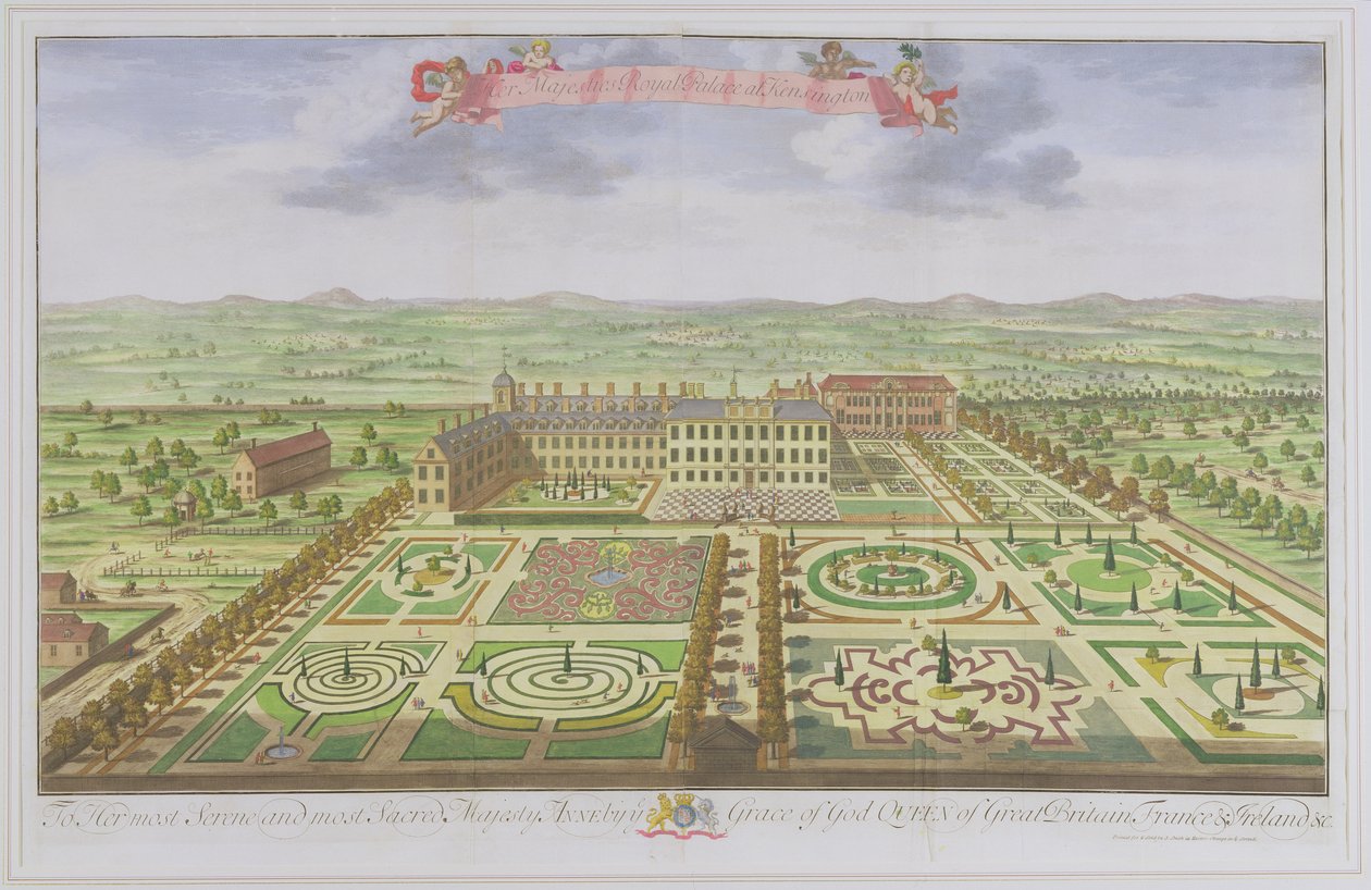 Hänen Majesteettinsa kuninkaallinen palatsi Kensingtonissa, "Survey of London" -kaiverruksesta Johannes Kip (n. 1652-1722), 1730 (värikaiverrus) tekijältä Leonard Knyff