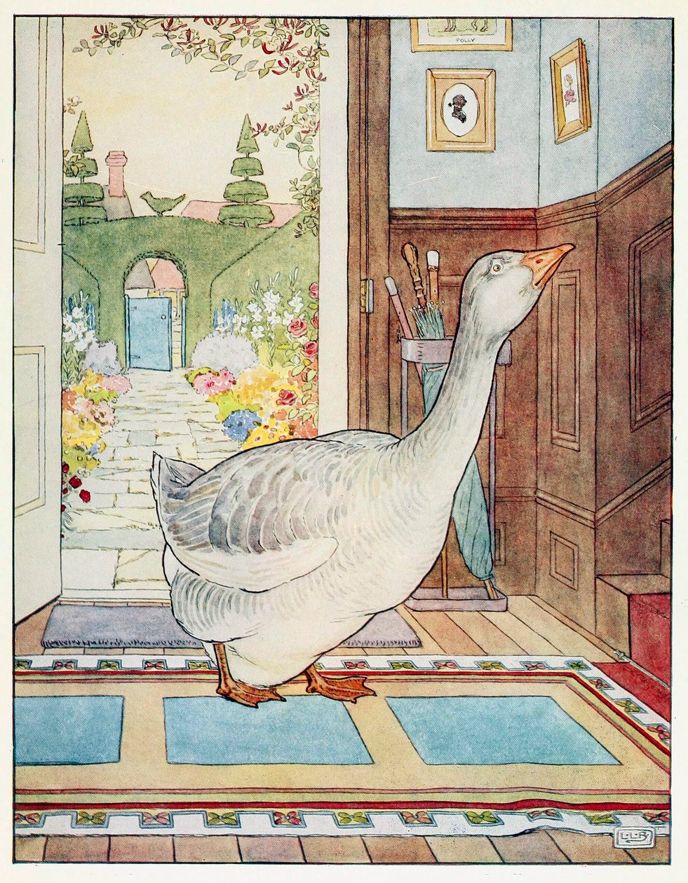 Goosey, Goosey Gander, Minne minä vaelsin, kirjasta A Nursery Rhyme Picture Book, pub. 1914. tekijältä Leonard Leslie Brooke