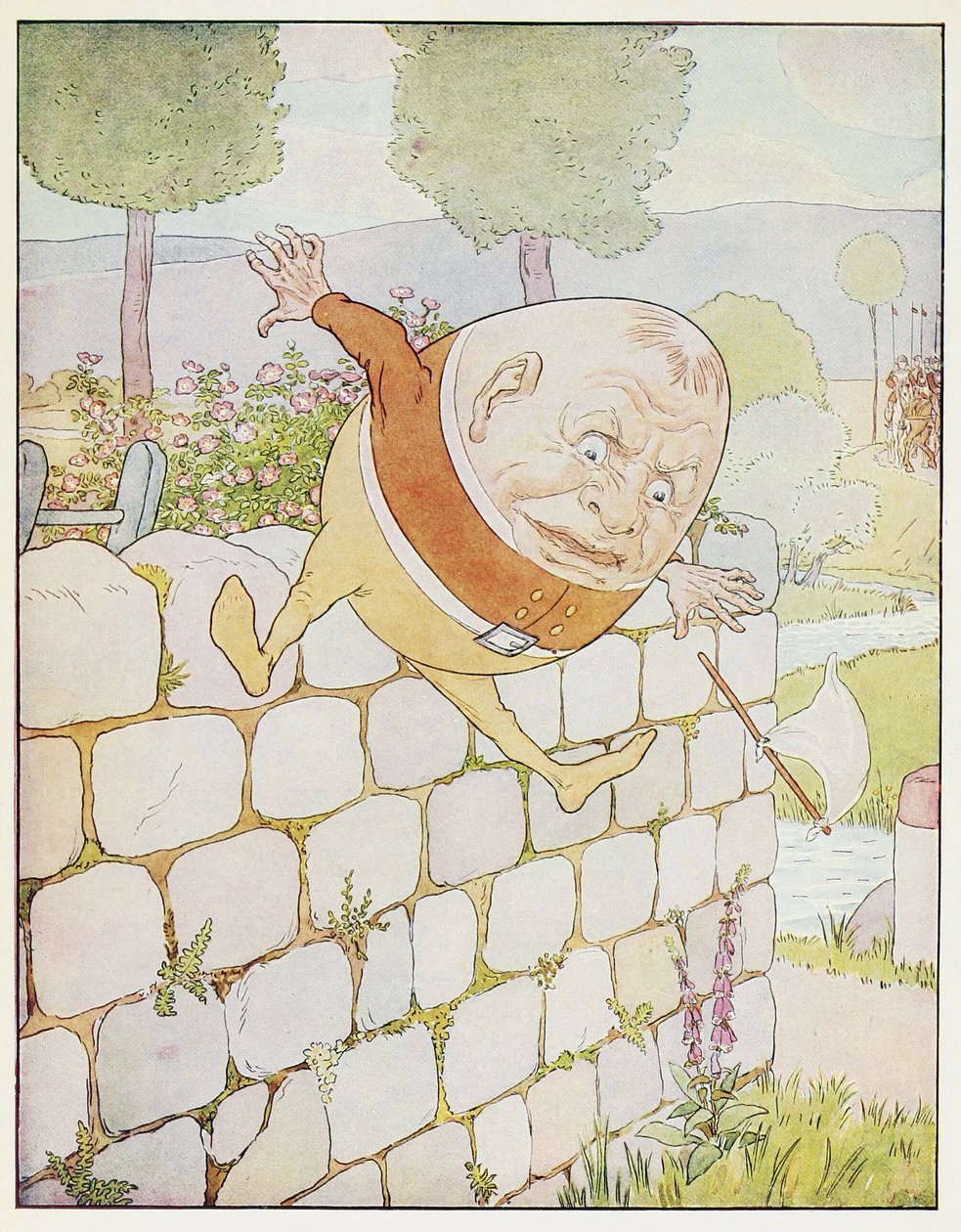Humpty Dumpty menestyi loistavasti, pubista A Nursery Rhyme Picture Book. 1914 (väri litho) tekijältä Leonard Leslie Brooke