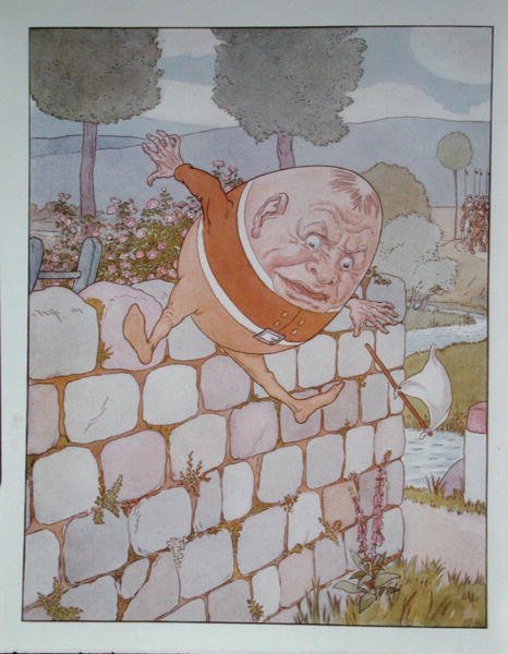 Humpty Dumpty, kuvitus Lontoossa julkaistusta Lewis Carrollin (1832-98) "Alice Through the Looking-Glassista" tekijältä Leonard Leslie Brooke