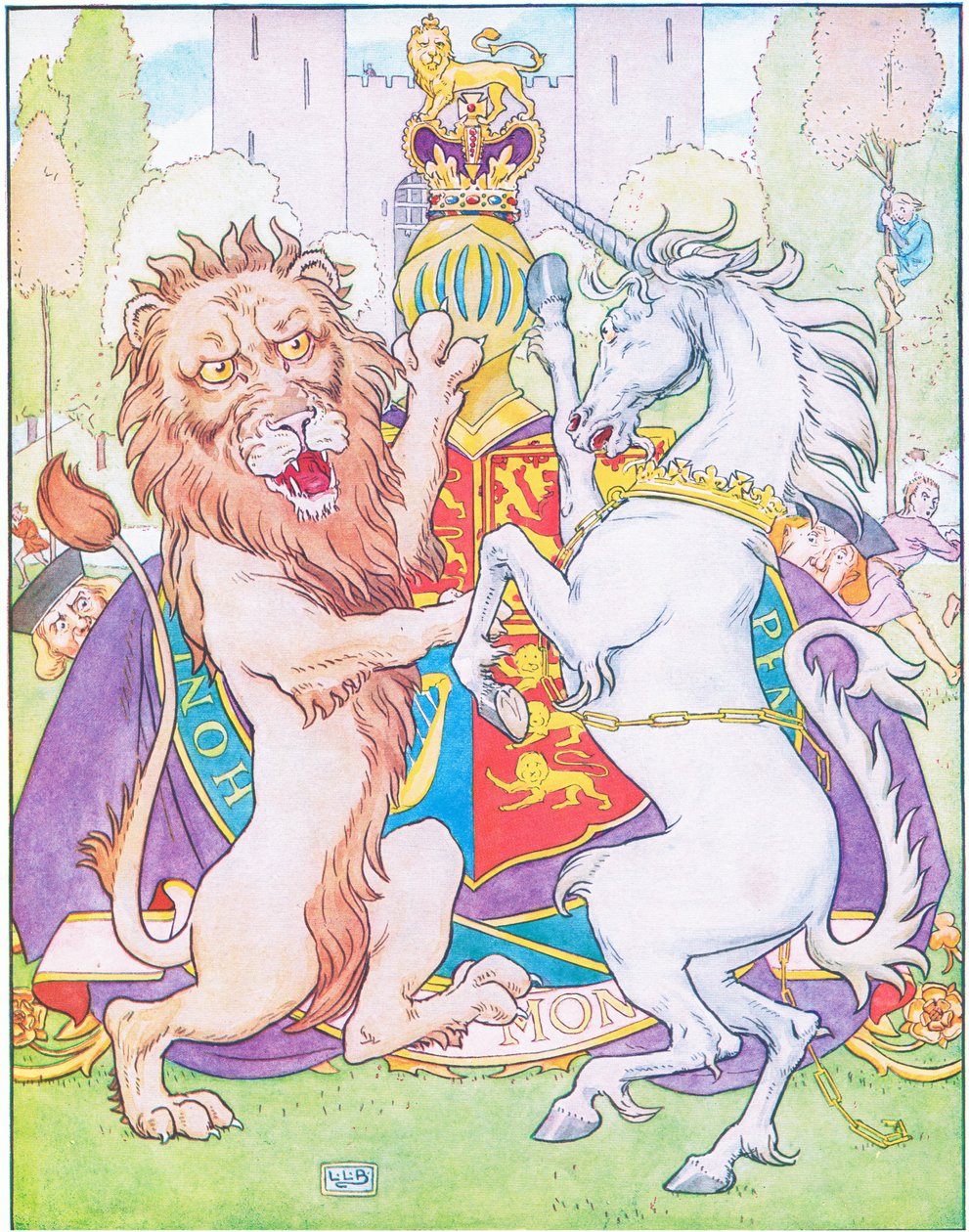 Leijona ja yksisarvinen taistelivat kruunusta (väri litho) tekijältä Leonard Leslie Brooke