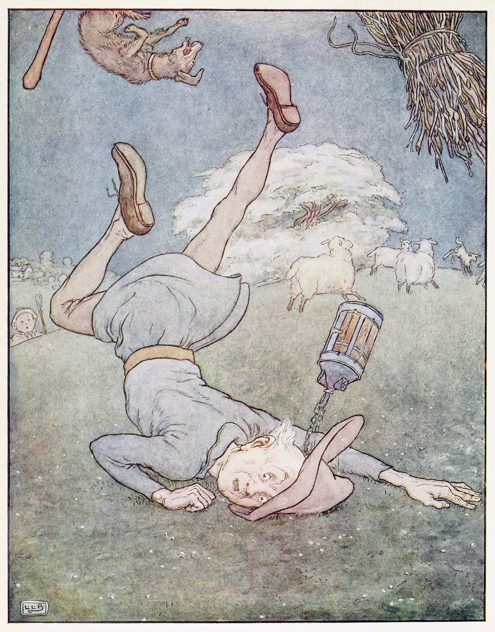 Mies kuussa putosi alas, pubista A Nursery Rhyme Picture Book. 1914 (väri litho) tekijältä Leonard Leslie Brooke