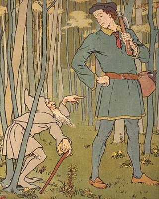 Tapasimme pienen vanhan miehen. Kuvitus Golden Goosesta tekijältä Leonard Leslie Brooke