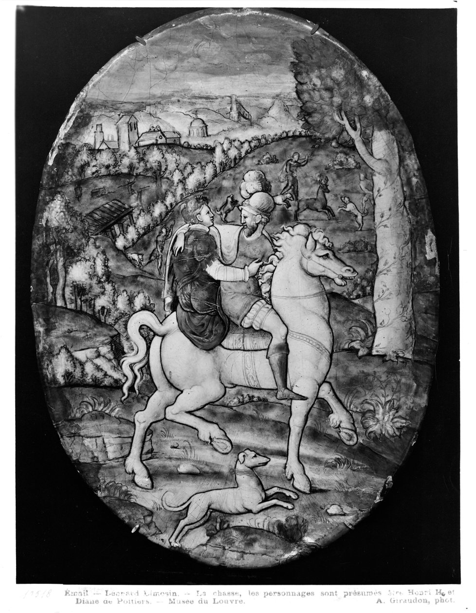 Metsästys, muotokuva, jonka oletetaan olevan Henri II (1519-59) ja Diane de Poitiers (1499-1566) (emali) tekijältä Leonard Limosin