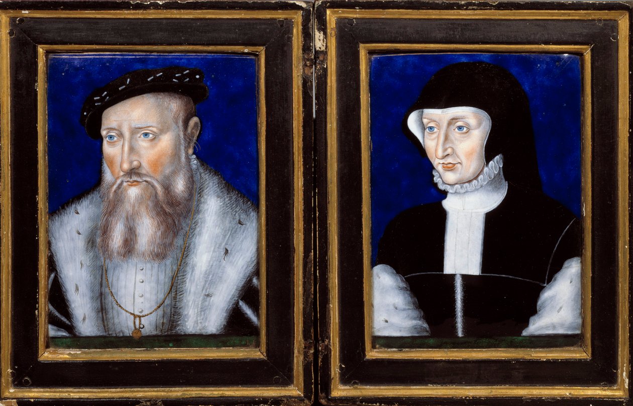 Claude de Lorraine (1496-1550), Guisen herttua ja Bourbon Vendomen Antoinette (1494-1583), hänen vaimonsa Emalin muotokuva Leonard Limosin (1505-1577) 1550 noin. Aurinko. 0,25x0,2 m Ecouen, Musee national de la renessance tekijältä Leonard Limosin