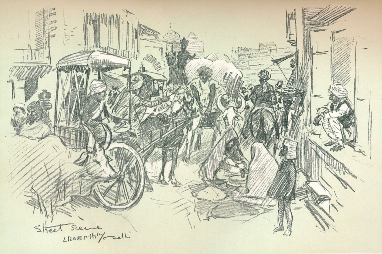 Katukohtaus Delhissä, vuodelta 1903 tekijältä Leonard Raven Hill