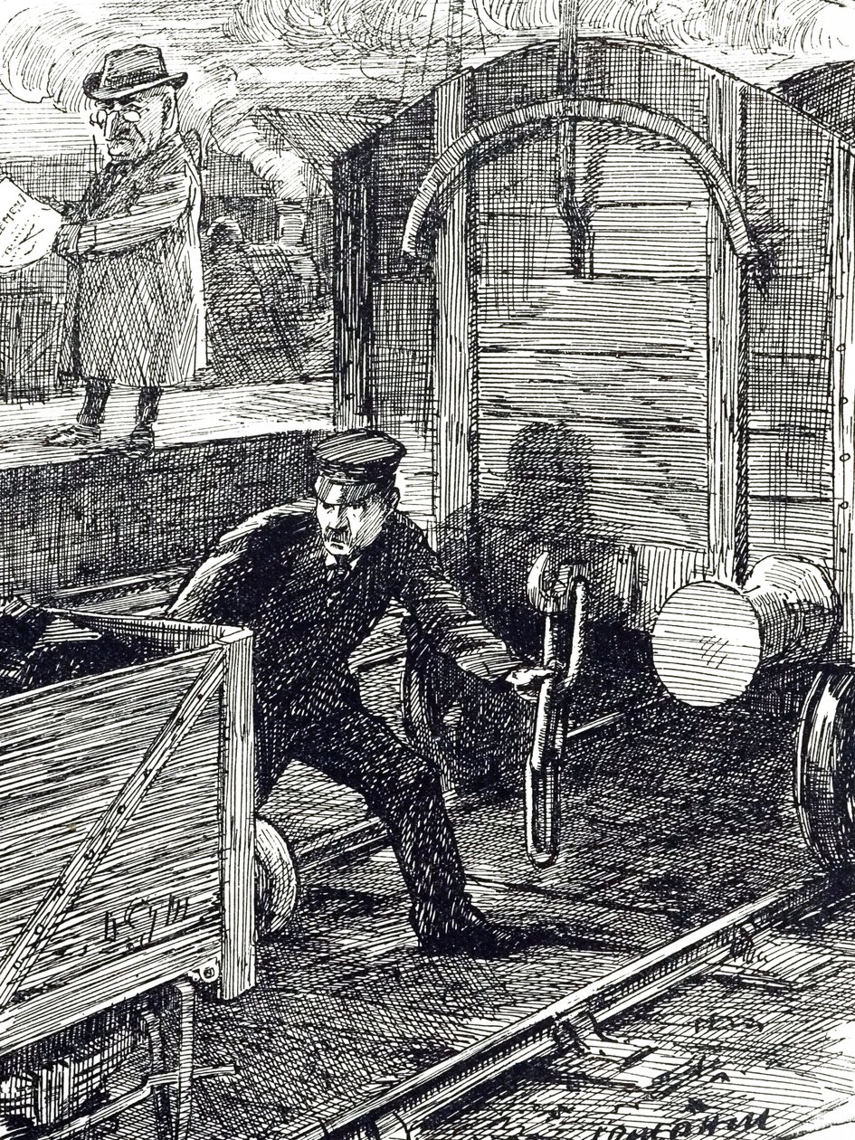 Rautatietyöläisten onnettomuuksia kommentoiva pilapiirros. Kuvittanut Leonard Raven-Hill (1867-1942) englantilainen taiteilija, kuvittaja ja pilapiirtäjä, 1900-luku. tekijältä Leonard Raven Hill