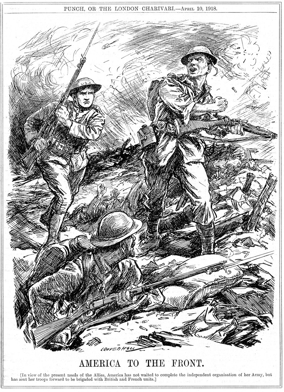 Amerikkalaiset vahvistukset liittoutuneiden joukkojen auttamiseksi ennen Yhdysvaltain pääarmeijan saapumista, ensimmäinen maailmansota, 1918 tekijältä Leonard Raven Hill