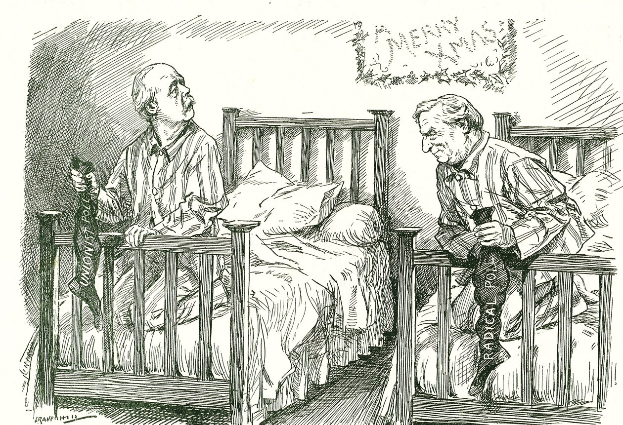 Arthur Balfour, konservatiivi, ja Herbert Asquith, liberaali, joulusukkineen. Joulukuun 1910 parlamenttivaaleissa kumpikaan ei saanut enemmistöä. Asquith pystyi muodostamaan hallituksen koalitiossa Irlannin kansallisen puolueen kanssa. Leonard tekijältä Leonard Raven Hill