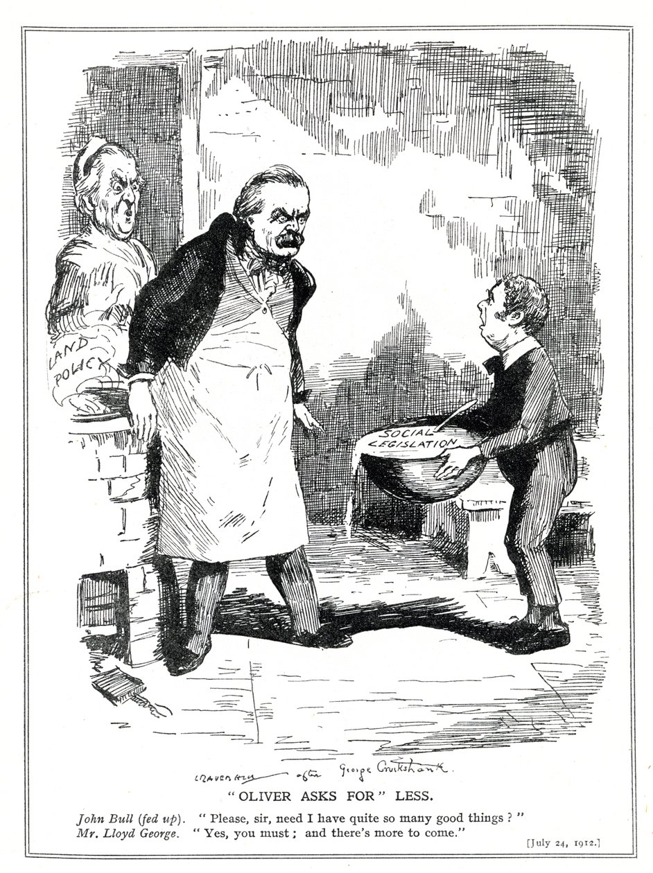 John Bull valittaa Lloyd Georgelle, että hänen sosiaalilainsäädäntöönsä ja maapoliittisiin uudistuksiinsa sisältyy liikaa uudistuksia, 1912. tekijältä Leonard Raven Hill