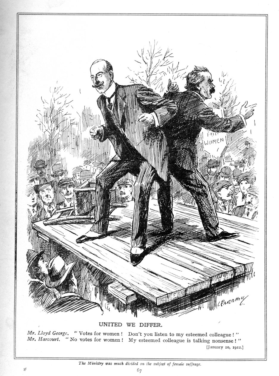 Lloyd George ja Harcourt, molemmat liberaalihallituksen ministereitä, ovat eri mieltä äänioikeuden antamisesta naisille, 1910. tekijältä Leonard Raven Hill