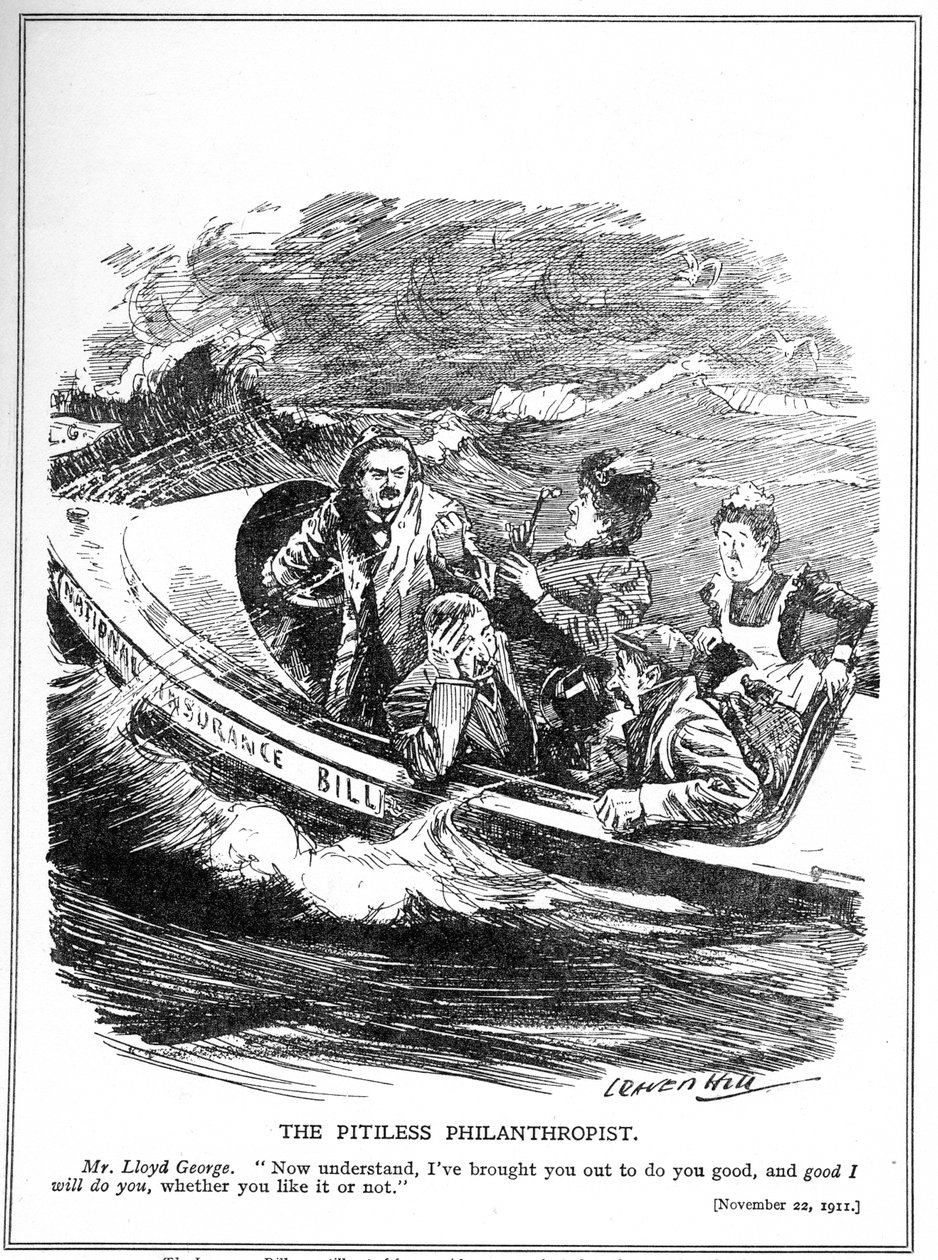 Pelastusvenepurjehtijana kuvattu Lloyd George vastustaa vuoden 1911 kansallista vakuutuslakiaan tekijältä Leonard Raven Hill