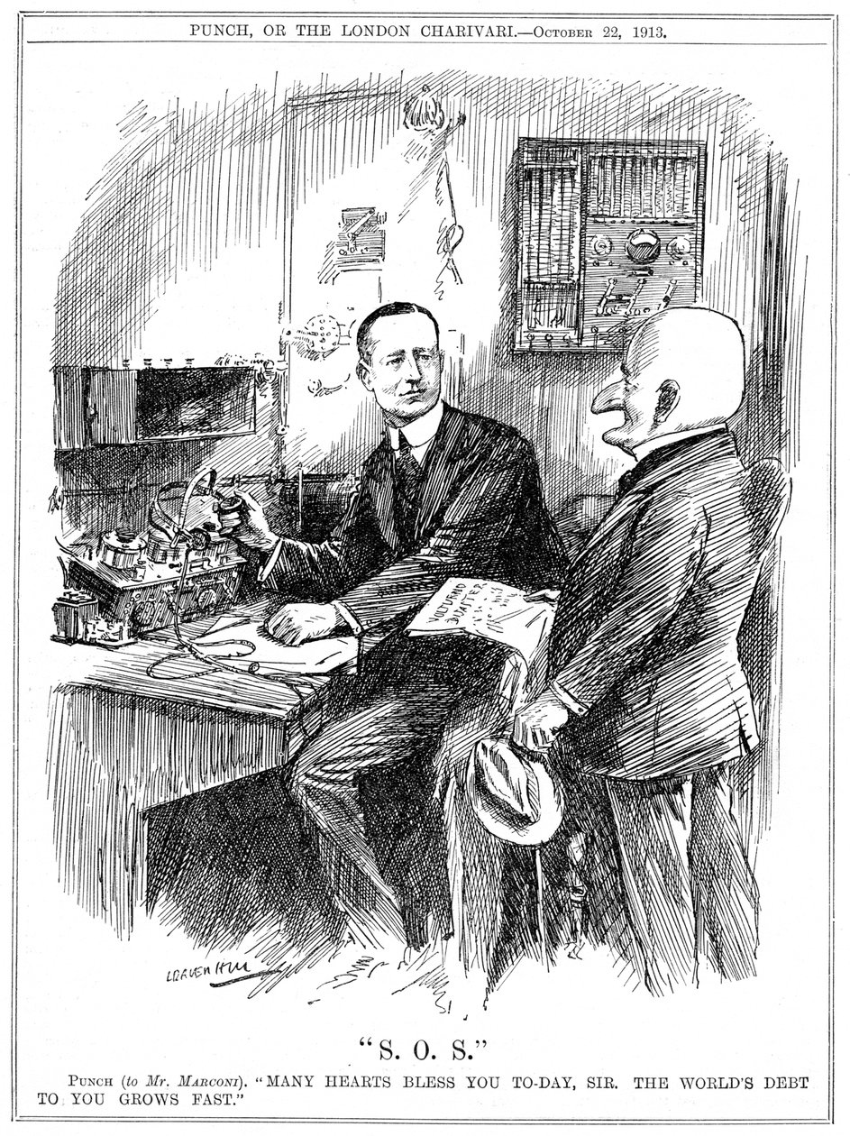 Herra Punch kiitti Marconia langattomasta lennätyksestä, joka pelasti ihmishenkiä merellä, 1913 tekijältä Leonard Raven Hill