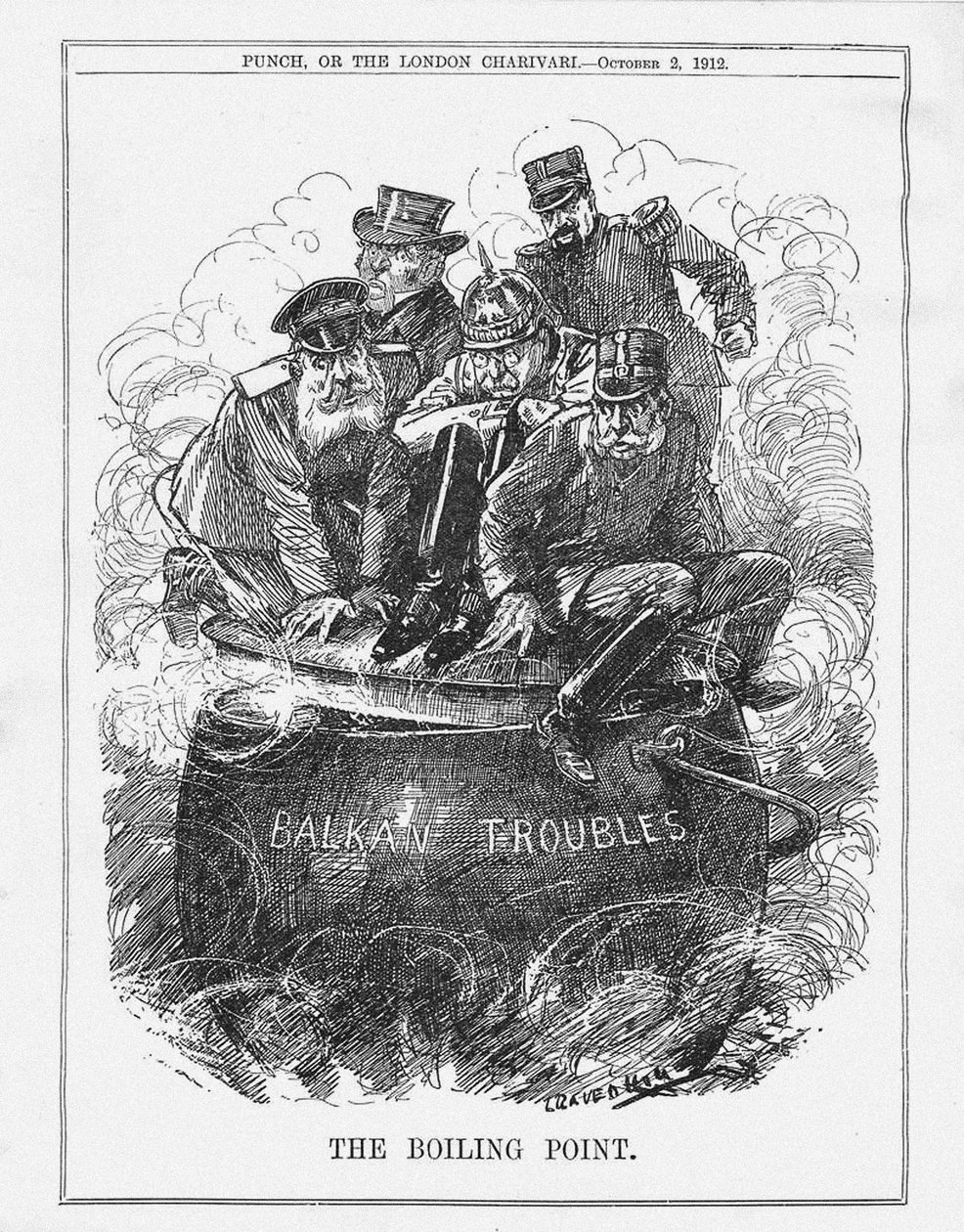 Kiehumispiste. Punch Magazine, 2. lokakuuta 1912, 1912 tekijältä Leonard Raven Hill