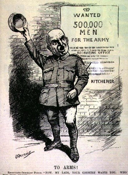 Aseisiin! Rekrytointikersantti Punch; "Pojat, maanne tarvitsee teitä. Kuka lähtee rintamalle?" Punch-lehdestä, Vol CXLVII s.195, pub. syyskuun 2. päivä tekijältä Leonard Raven Hill