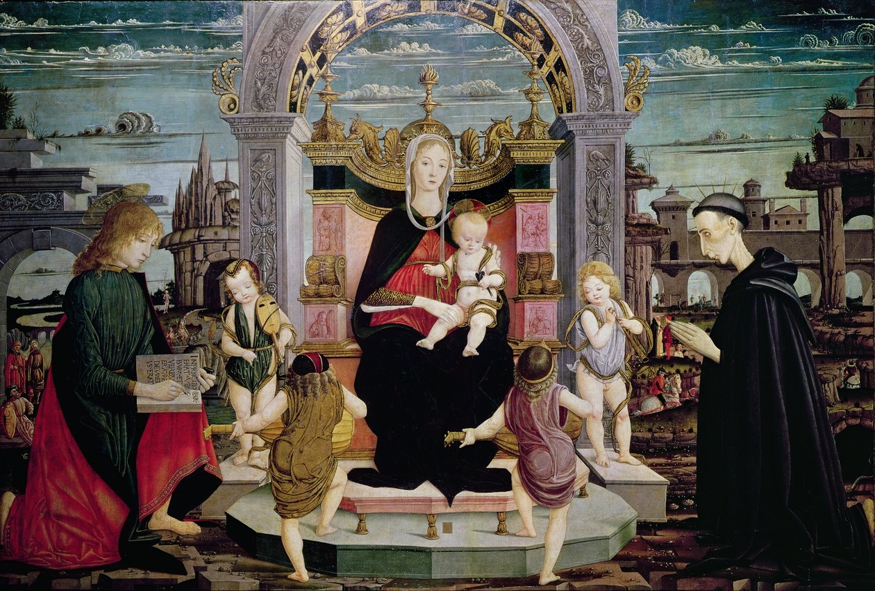 Neitsyt ja lapsi valtaistuimella Pyhän evankelista Johannes ja Siunattu Giacomo Bertoni tekijältä Leonardo I Scaletti