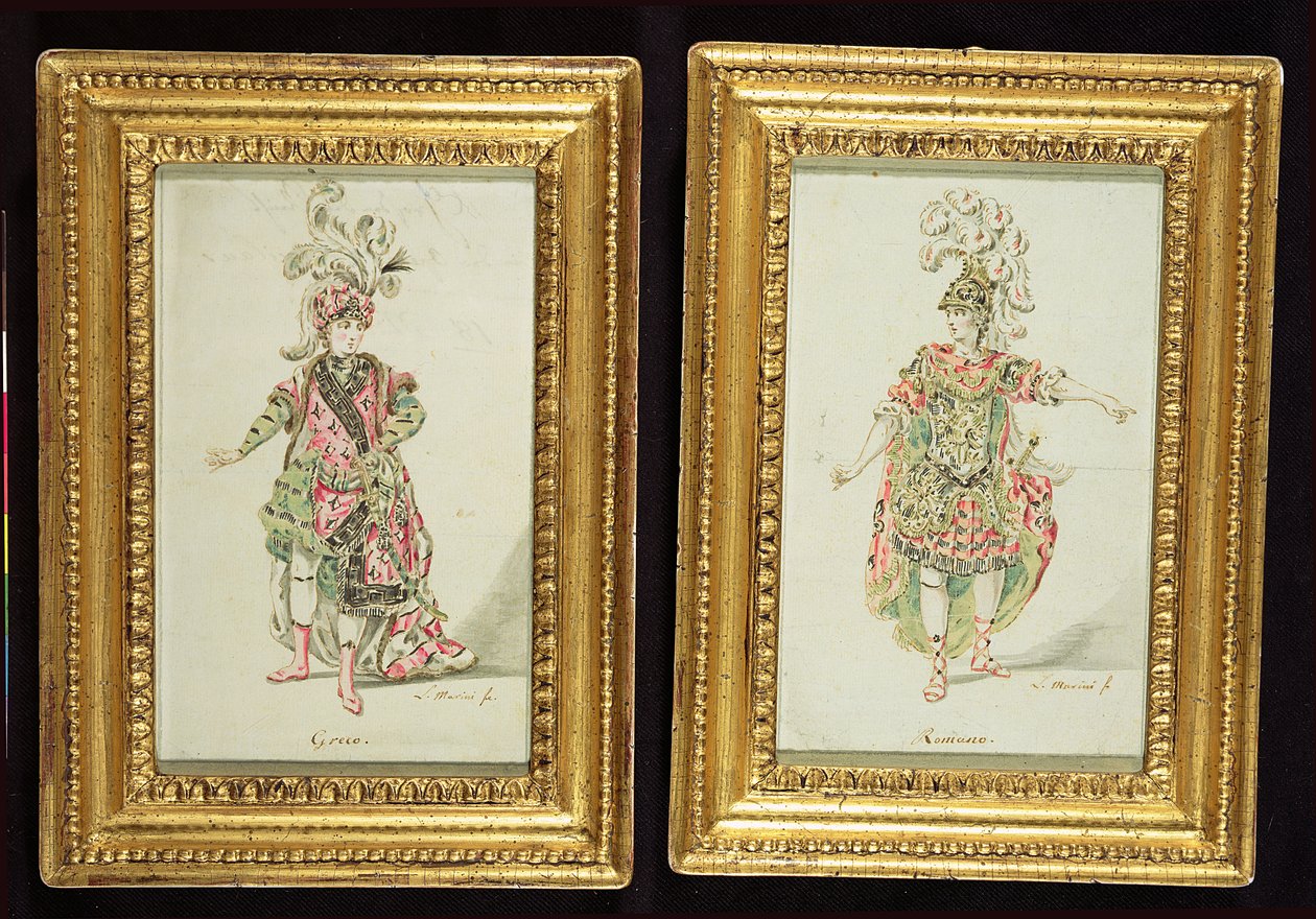Suunnitelmat kreikkalaiseen ja roomalaiseen oopperapukuun, n. 1770 (kynä ja muste wc:llä paperilla) tekijältä Leonardo Marini