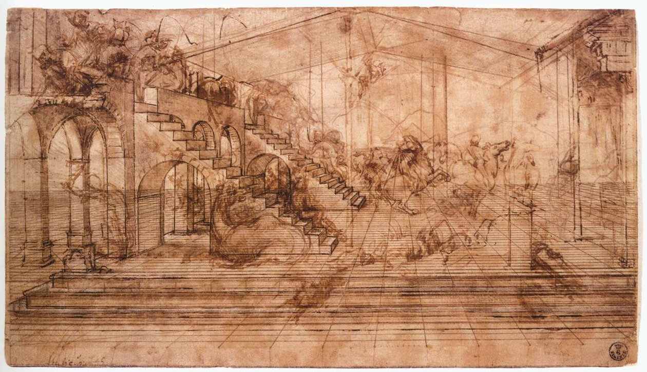Perspektiivitutkimus teoksesta The Adoration of the Magi Kuvaus LEONARDO da Vinci Perspectival study of the Adoration of the Magi tekijältä Leonardo da Vinci