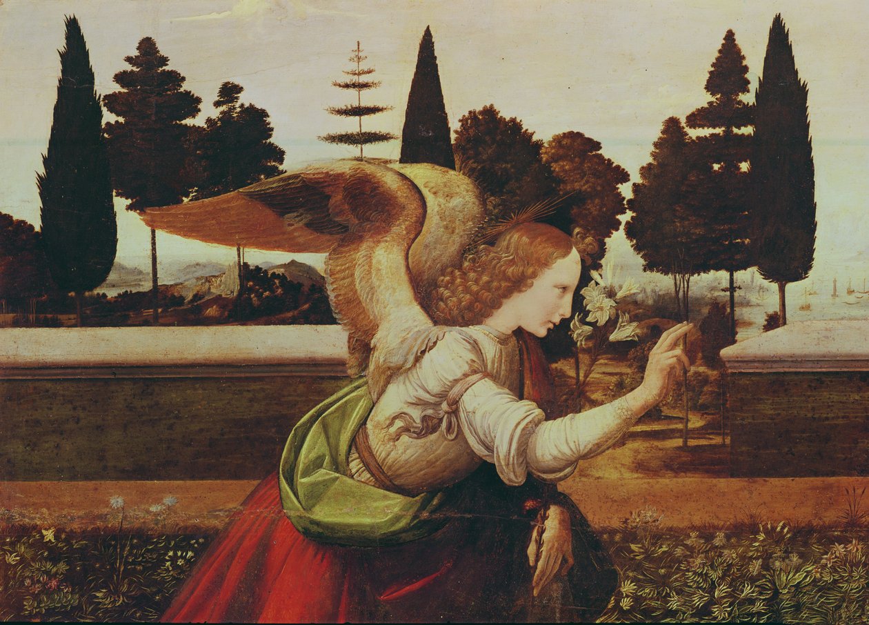 Enkeli Gabriel, yksityiskohta julistuksesta, 1472-75 (yksityiskohta 140570) tekijältä Leonardo da Vinci