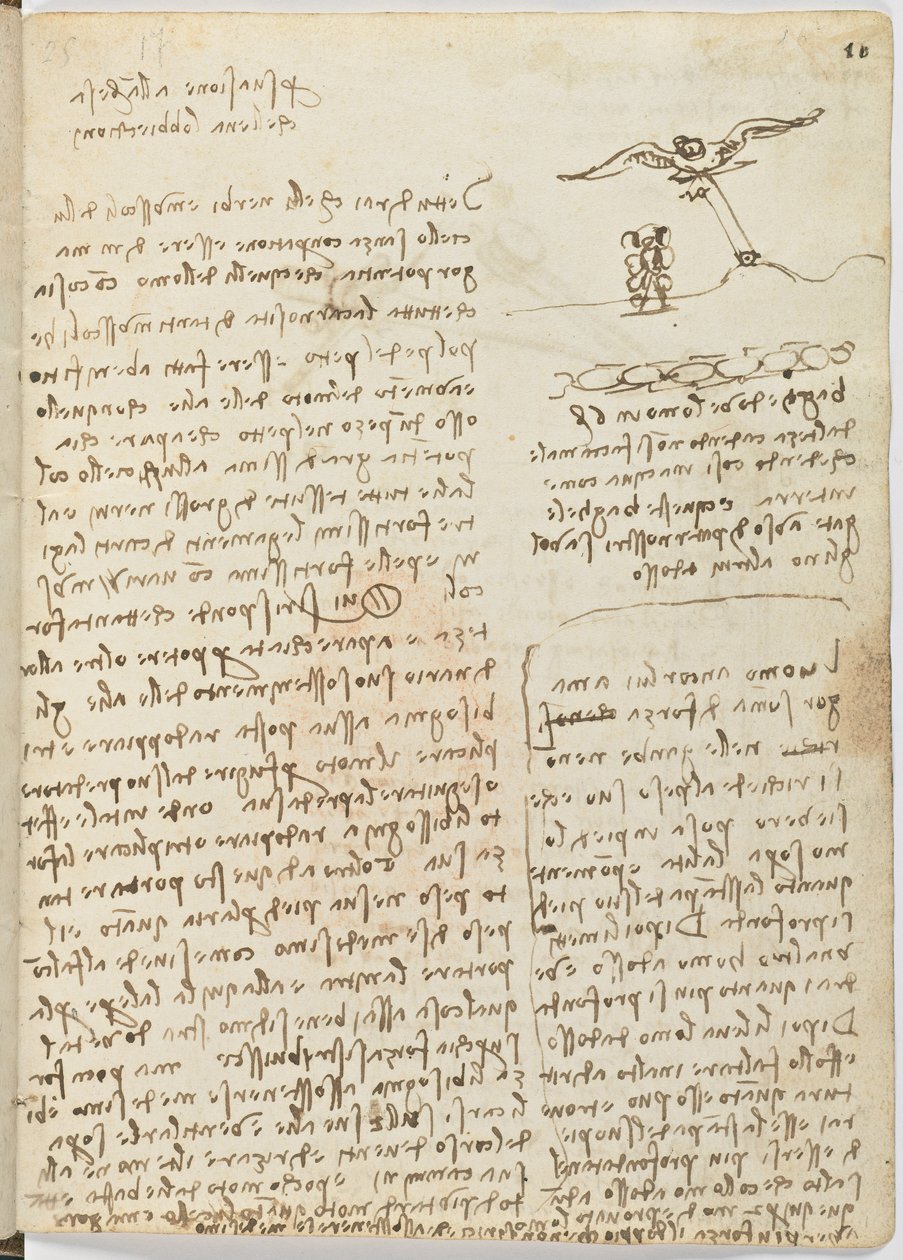 Birds Flight Code, c. 1505-06, paperikäsikirjoitus, cc. 18, arkki 16 recto tekijältä Leonardo da Vinci