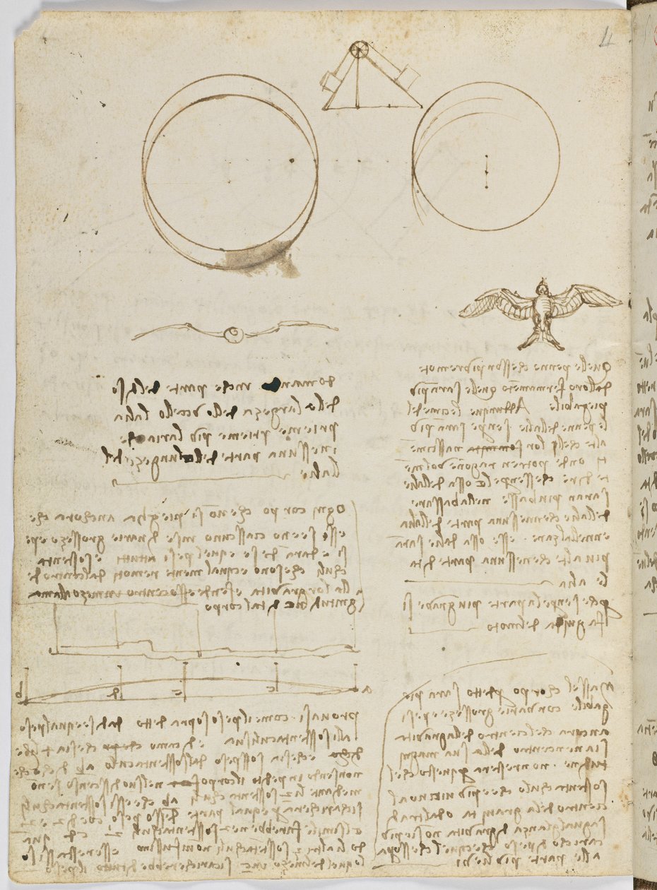 Birds Flight Code, c. 1505-06, paperikäsikirjoitus, cc. 18, arkki 4 verso tekijältä Leonardo da Vinci