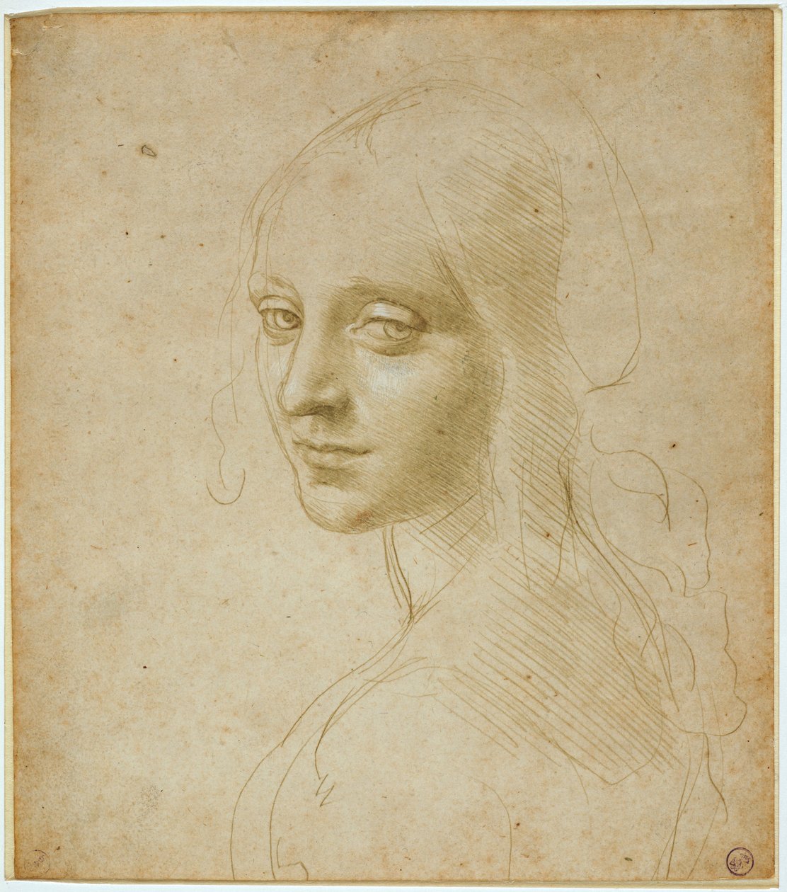 Neidon rintakuva, opiskelu "Virgin of the Rocksille", n. 1483-1485 (metallikärki ja valkoinen lakka valmiilla kirkkaalla okralla) tekijältä Leonardo da Vinci