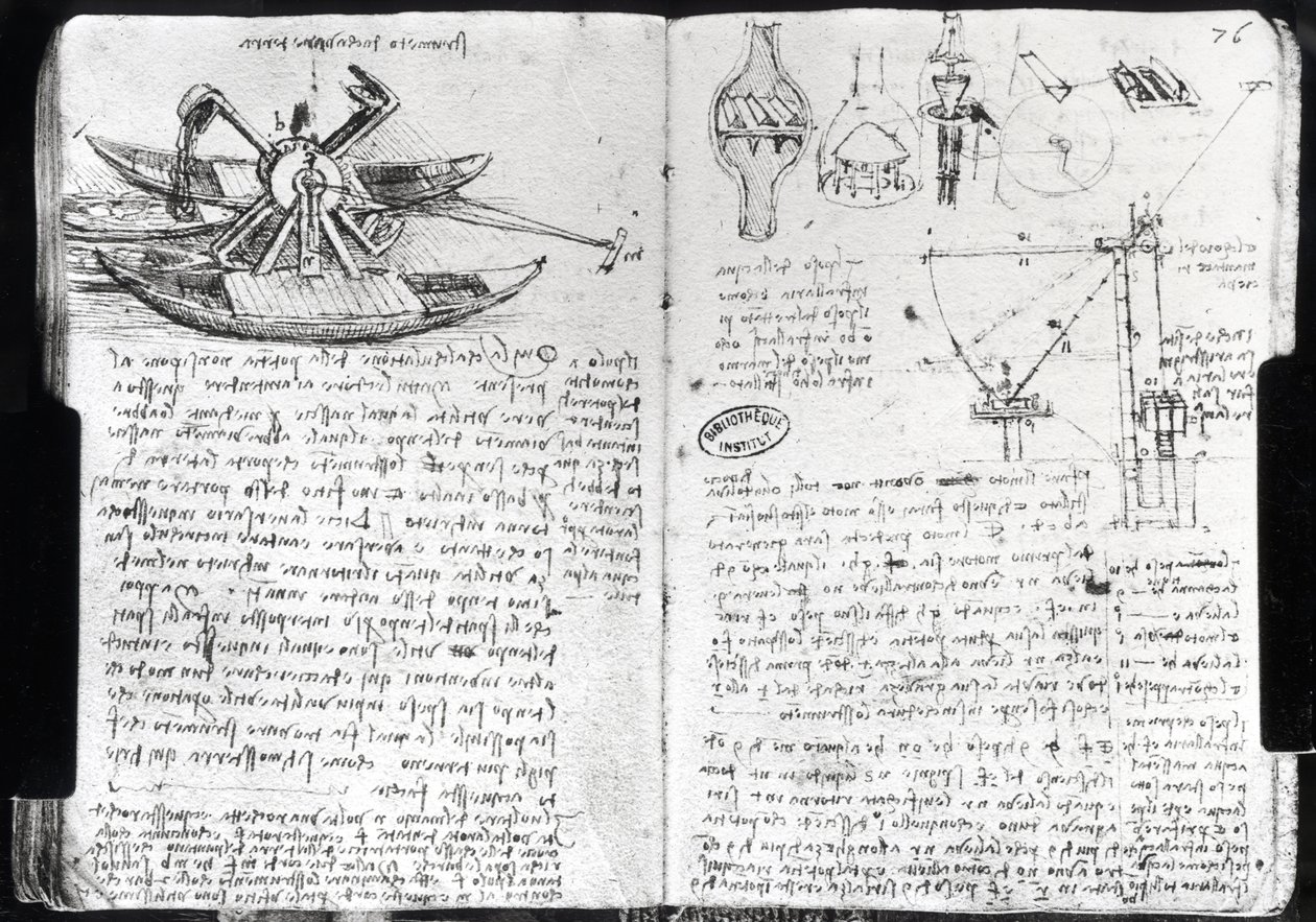 Suunnittelu ruoppaajalle ja erilaisille hydraulikoneille, fol. 75v ja 76r Pariisin käsikirjoituksesta E, 1513-14 (kynä ja muste paperille) tekijältä Leonardo da Vinci