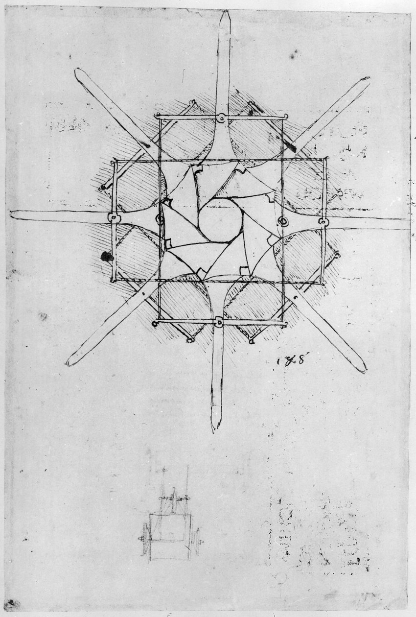 Suunnittelu taitettavalle Capstan-kahvalle, Fol. 376v-c (kynä ja muste paperille) tekijältä Leonardo da Vinci