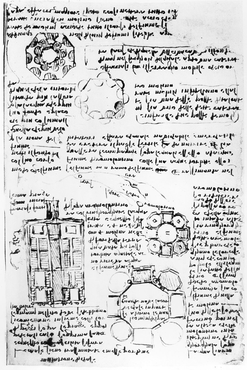 Suunnittelu palatsiin ja puistoon (Romorantin), fol. 270v Codex Arundelista, n. 1517-18 tekijältä Leonardo da Vinci