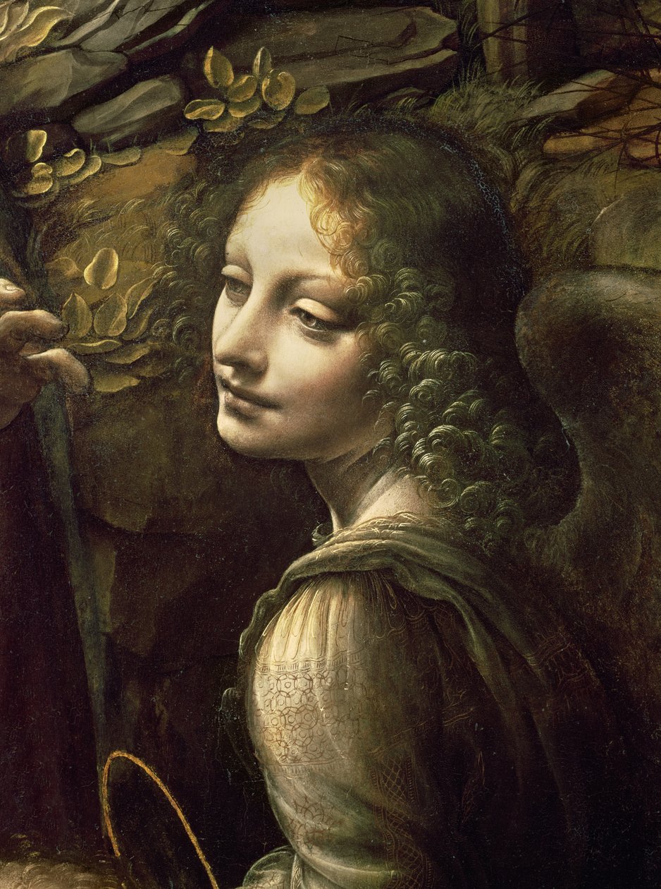 Yksityiskohta enkelistä, teoksesta The Virgin of the Rocks (Neitsyt lapsen kanssa Pyhän Johanneksen kanssa, joka palvoo Kristus-vauvaa enkelin seurassa), n. 1508 tekijältä Leonardo da Vinci
