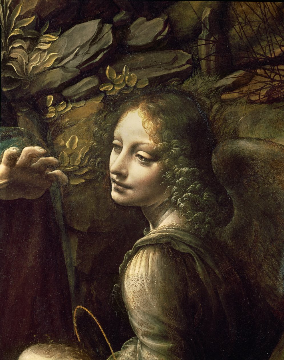 Yksityiskohta enkelistä, teoksesta The Virgin of the Rocks (Neitsyt lapsen kanssa Pyhän Johanneksen kanssa, joka palvoo Kristus-vauvaa enkelin seurassa), n. 1508 tekijältä Leonardo da Vinci