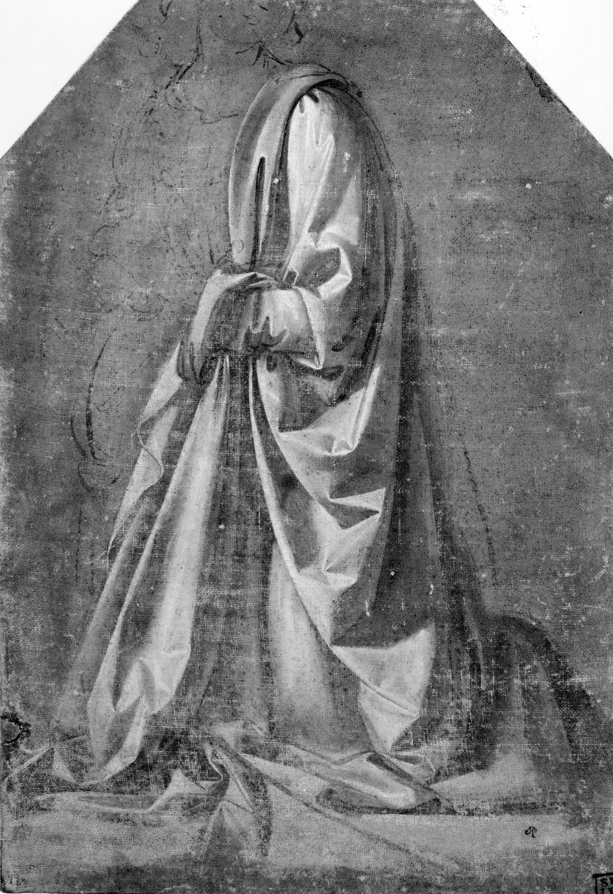 Verhotutkinto polvistuvalle hahmolle, joka näkyy vasemmalla 3/4-profiilissa, n. 1475 (tempera valkokankaalla) tekijältä Leonardo da Vinci