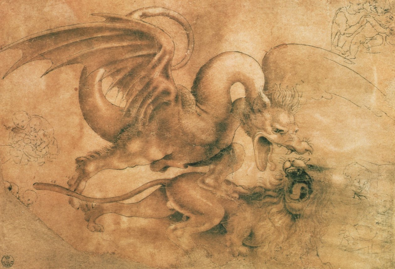 Lohikäärmeen ja leijonan välinen taistelu (ruskea tussi ja pesu paperille) tekijältä Leonardo da Vinci