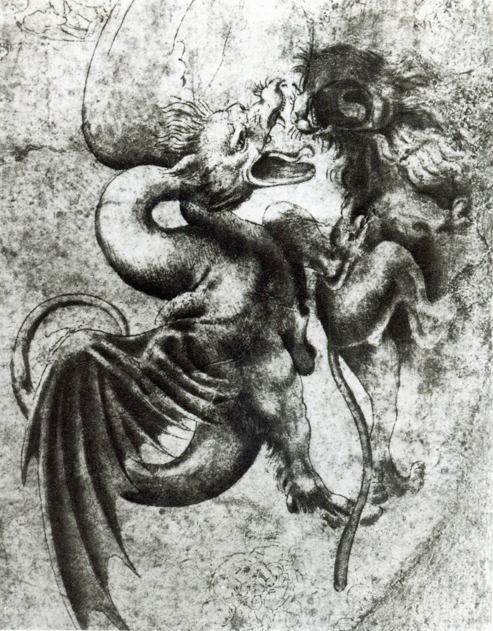 Lohikäärmeen ja leijonan välinen taistelu (ruskea tussi ja pesu paperille) tekijältä Leonardo da Vinci