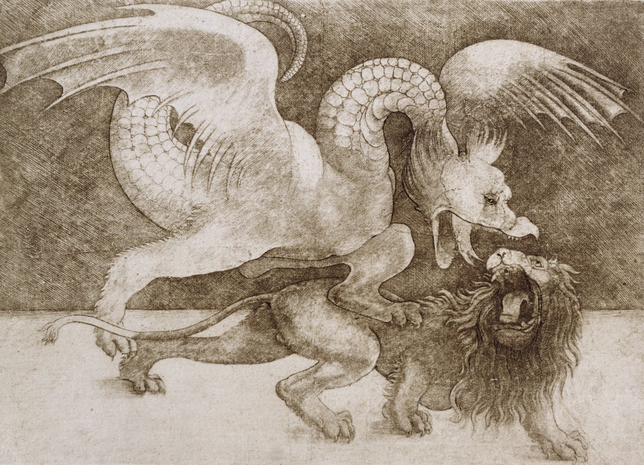 Taistelu lohikäärmeen ja leijonan välillä (kynä ja muste paperille) (tulostus) tekijältä Leonardo da Vinci