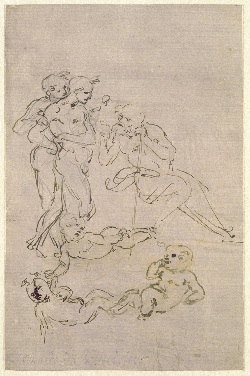 Kuvatutkielma tietäjien palvonnasta (Josef ja kaksi paimenta ja luonnokset Kristuslapselle), n. 1481 tekijältä Leonardo da Vinci